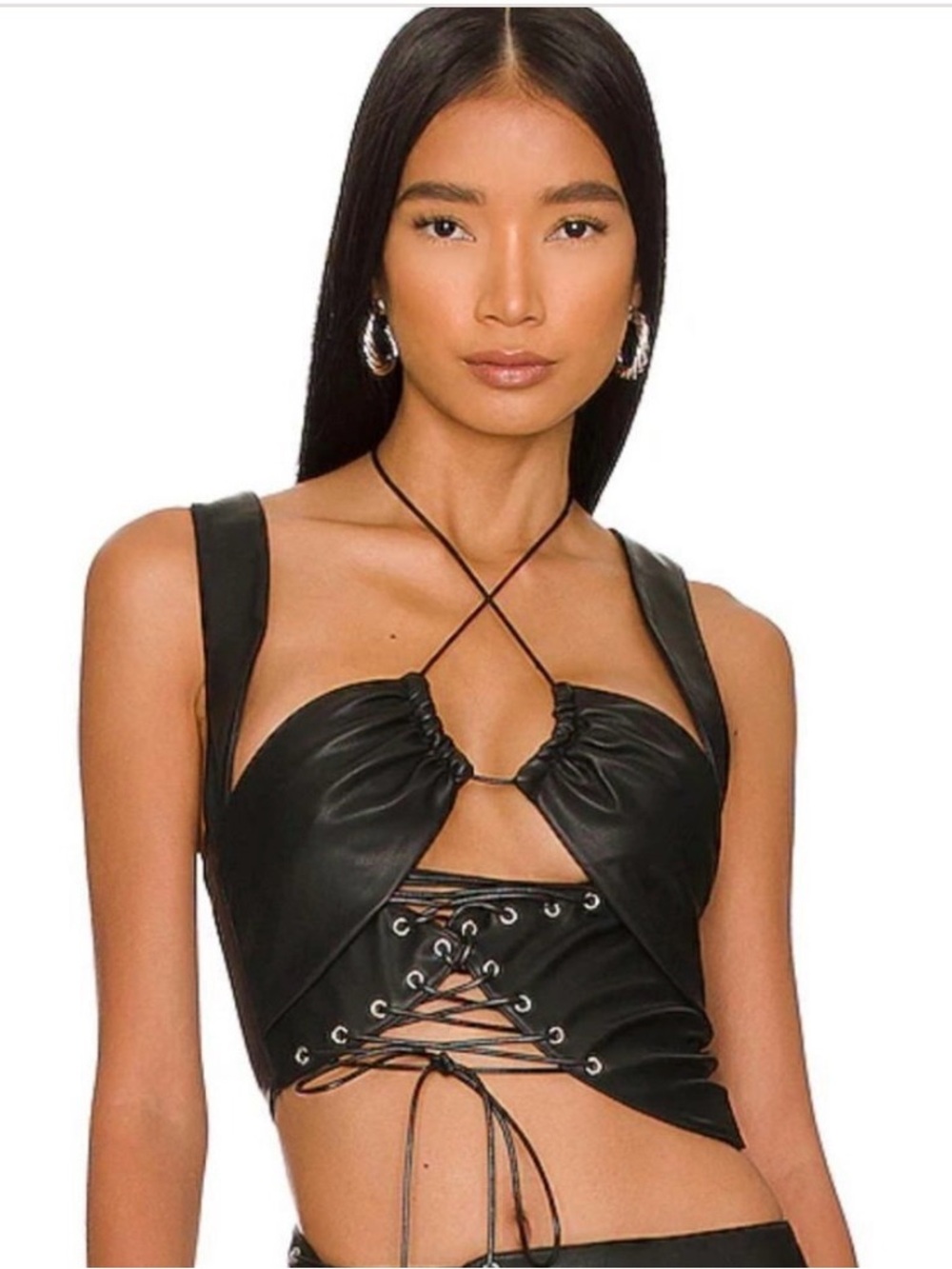 Women Black Lace-Up Faux Leather Top H:ours Small
